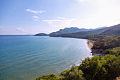 Coastal scenery and sandy Psili Ammos Beach near Kampos in the west of the island of Samos in Greece