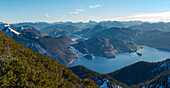 View towards lake Walchensee and Karwendel mountain range. View from Mt. Herzogstand near lake Walchensee. Germany, Bavaria