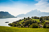 Panorama with lake and mountains, Eggisbühl chapel, Pilatus in the background, Hertenstein, near Weggis, Lake Lucerne, Canton of Lucerne, Switzerland