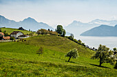 Panorama with lake and mountains, Eggisbühl chapel, Pilatus in the background, Hertenstein, near Weggis, Lake Lucerne, Canton of Lucerne, Switzerland