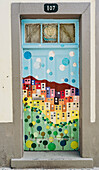 Colorful painted door in the old alley of Rua de Santa Maria, Funchal, Madeira island, Portugal, Atlantic, Europe