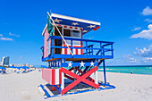 Art Deco Lifeguard hut on South Beach, Ocean Drive, Miami Beach, Miami, Florida, United States of America, North America