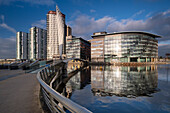 Media City Footbridge and BBC Studios, MediaCityUK, Salford Quays, Salford, Manchester, England, United Kingdom, Europe