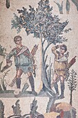 Hunting scene mosaic, The Roman Villa del Casale (Villa Romana del Casale), UNESCO World Heritage Site, Piazza Armerina, Enna, Sicily, Italy, Europe