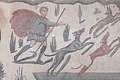 Hunting scene mosaics, the Roman Villa del Casale (Villa Romana del Casale), UNESCO World Heritage Site, Piazza Armerina, Enna, Sicily, Italy, Europe