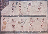 Mosaics of female gymnasts, The Roman Villa del Casale (Villa Romana del Casale), UNESCO World Heritage Site, Piazza Armerina, Enna, Sicily, Italy, Europe