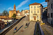 Cyclists in Castell'Alfero, Piedmont, Italy, Europe
