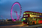 London Bus on Westminster Bridge with Millennium Wheel (London Eye), London, England, United Kingdom, Europe