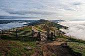 Gate entrance to The Great Ridge and Losehill with cloud inversion, Edale, The Peak District, Derbyshire, England, United Kingdom, Europe