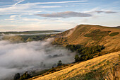 View of Mam Tor looking from The Great Ridge with rolling mist, Derbyshire, England, United Kingdom, Europe