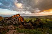 View of the The Roaches rock formation and Tittesworth reservoir in late summer, Staffordshire, England, United Kingdom, Europe