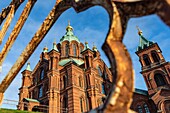 the bell towers of the uspenski cathedral, the center of the finnish eastern orthodox church, helsinki, finland, europe