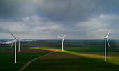 Nederland, Gelderland, Duiven, Aerial view of wind turbines in fields