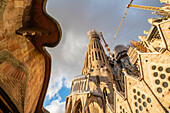Spain, Barcelona, Low angle view of La Sagrada Familia cathedral