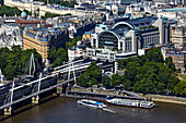 UK, London, Aerial view of Charing Cross railway station and river Thames