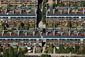 UK, London, Hackbridge, Aerial view of BedZED housing development