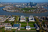 UK, London, Aerial view of Greenwich and Isle of Dogs