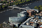 UK, London, Aerial view of Battersea buildings and River Thames