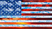 Overlay of American flag against cloudy sky