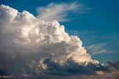 Dramatic formation of cumulus storm clouds against blue sky