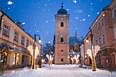 Poland, Subcarpathia, Rzeszow, Old town at dusk in winter