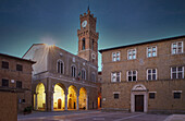 Italy, Tuscany, Val D'Orcia, Pienza, Municipal palace illuminated at night