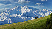 Italien, Piemont, Monte Rosa, Hütte auf grüner Weide und schneebedeckten Alpen