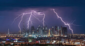 United Arab Emirates, Dubai, Thunderstorm over modern city