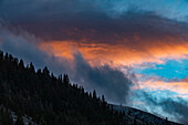 United States, Idaho, Bellevue, Clouds over forest at sunset