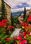 View from the waterfall bridge to the lower waterfall and the Gasteinertal, Bad Gastein, Salzburger Land, Austria