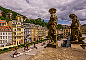 View from the terrace of the Mill Well Colonnade on the spa promenade and historic town houses, Karlovy Vary, Karlovy Vary, Czech Republic