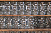 View of a beer glasses on the shelf in the beer tent, Theresienwiese, Munich, Bavaria, Germany