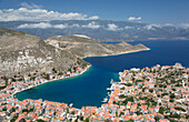 Kastellorizo Harbour, von Cliff Steps, Insel Kastellorizo (Megisti), Dodekanes-Gruppe, griechische Inseln, Griechenland, Europa