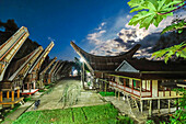 Church and tongkonan houses at Lempo amidst the Batutumonga rice paddies, Batutumonga, Rantepao, Toraja, South Sulawesi, Indonesia, Southeast Asia, Asia
