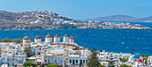 Elevated view of flour mills and town, Mykonos Town, Mykonos, Cyclades Islands, Greek Islands, Aegean Sea, Greece, Europe