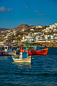 View of boats in harbour, Mykonos Town at sunset, Mykonos, Cyclades Islands, Greek Islands, Aegean Sea, Greece, Europe