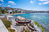 Elevated view of restaurant and town, Mykonos Town, Mykonos, Cyclades Islands, Greek Islands, Aegean Sea, Greece, Europe