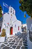 View of chapel and whitewashed narrow street, Mykonos Town, Mykonos, Cyclades Islands, Greek Islands, Aegean Sea, Greece, Europe