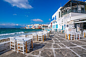 View of restaurant tables in Little Venice, Mykonos Town, Mykonos, Cyclades Islands, Greek Islands, Aegean Sea, Greece, Europe