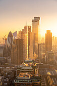 View of City of London skyscrapers at golden hour from the Principal Tower, London, England, United Kingdom, Europe
