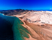 Luftaufnahme von Playa de Sotavento de Jandia, Fuerteventura, Kanarische Inseln, Spanien, Atlantik, Europa