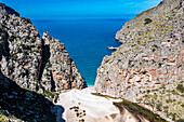 Aerial of Torrent de Pareis, Sa Calobra, Mallorca, Balearic Islands, Spain, Mediterranean, Europe