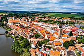Aerial of the historic center of Telc, UNESCO World Heritage Site, South Moravia, Czech Republic, Europe