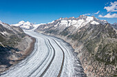 Aerial of the Great Altesch Glacier, UNESCO World Heritage Site, Bernese Alps, Switzerland, Europe