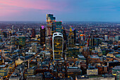 City of London skyscrapers at dusk, including Walkie Talkie building, from above, London, England, United Kingdom, Europe