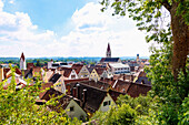 Stadtansicht von Kaufbeuren mit Crescentiakloster, Kirche St. Martin und Dreifaltigkeitskirche vom Klosterberggarten im Ostallgäu in Bayern in Deutschland