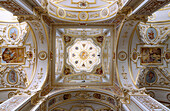 Crossing dome with stucco and painted ceiling of the Basilica of St. Lorenz in Kempten in the Allgäu in Bavaria in Germany