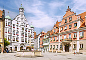 Market square with town hall and large guild in Memmingen in the Unterallgäu in Bavaria in Germany
