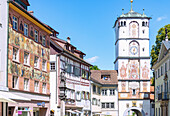 Herrenstrasse, town houses and Frauentor in the old town of Wangen in the Westallgäu in Baden-Württemberg in Germany