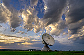Radio telescopes of the Raisting earth station in front of picturesque thunderclouds, Raisting, Upper Bavaria, Bavaria, Germany